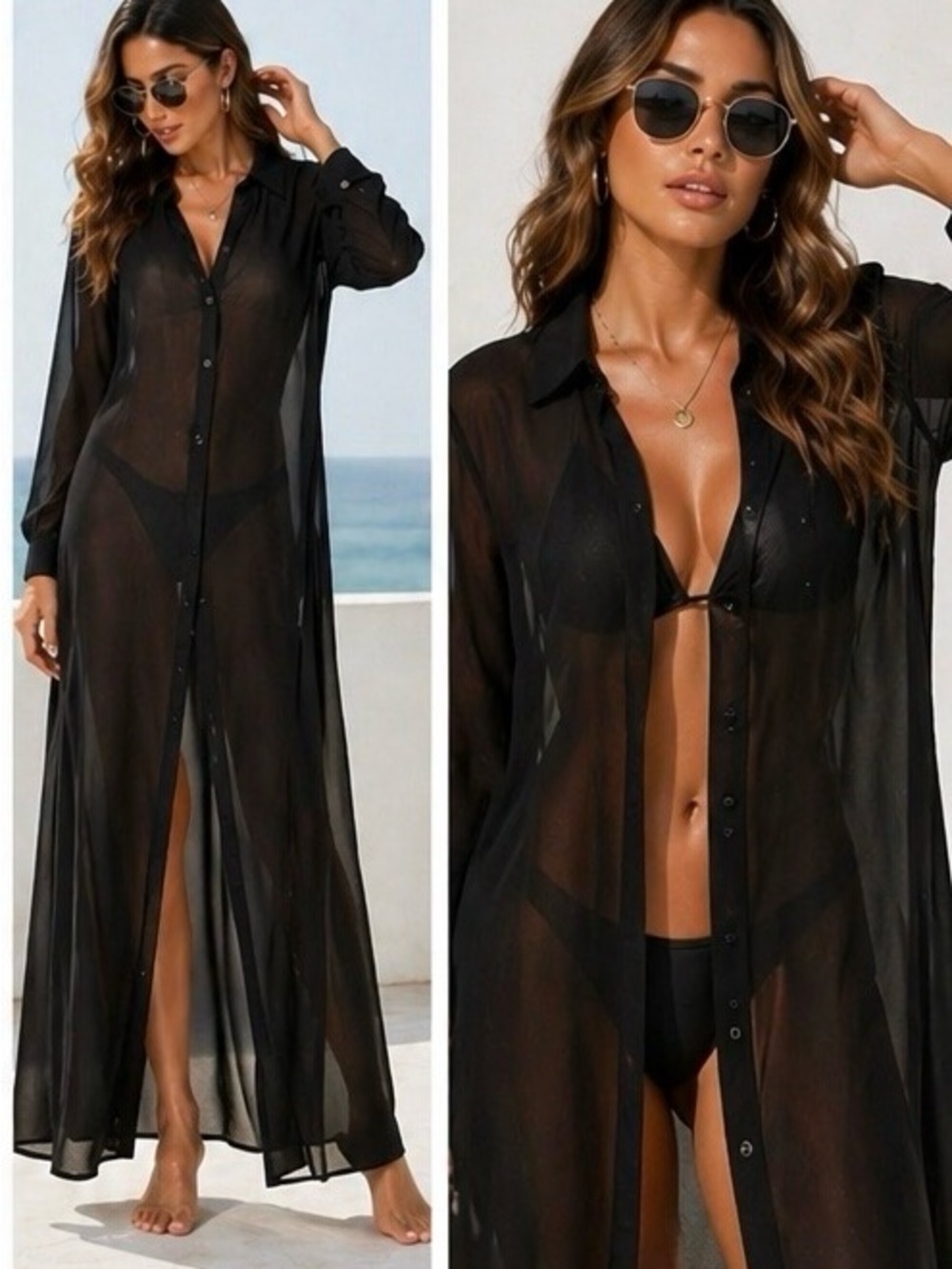 ROMWE Black Sheer Maxi Shirt Dress Medium Button Down Duster Cover Up